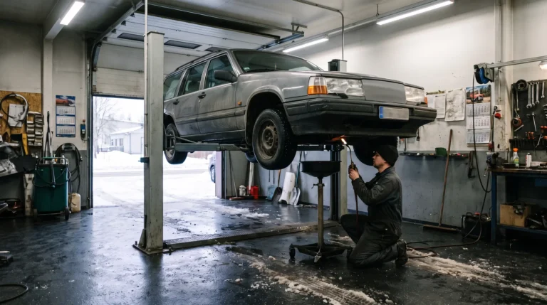 Henkilöauto nostimella korjaamossa, mekaanikko tarkastaa alustaa taskulampulla