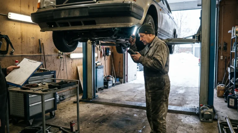 Mekaanikko tarkastaa auton alustaa nostimella ennen katsastusta