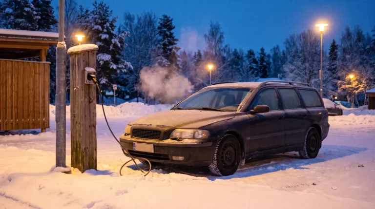 Auto lämmitystolpan vieressä pakkasaamuna, lohkolämmittimen johto kytkettynä